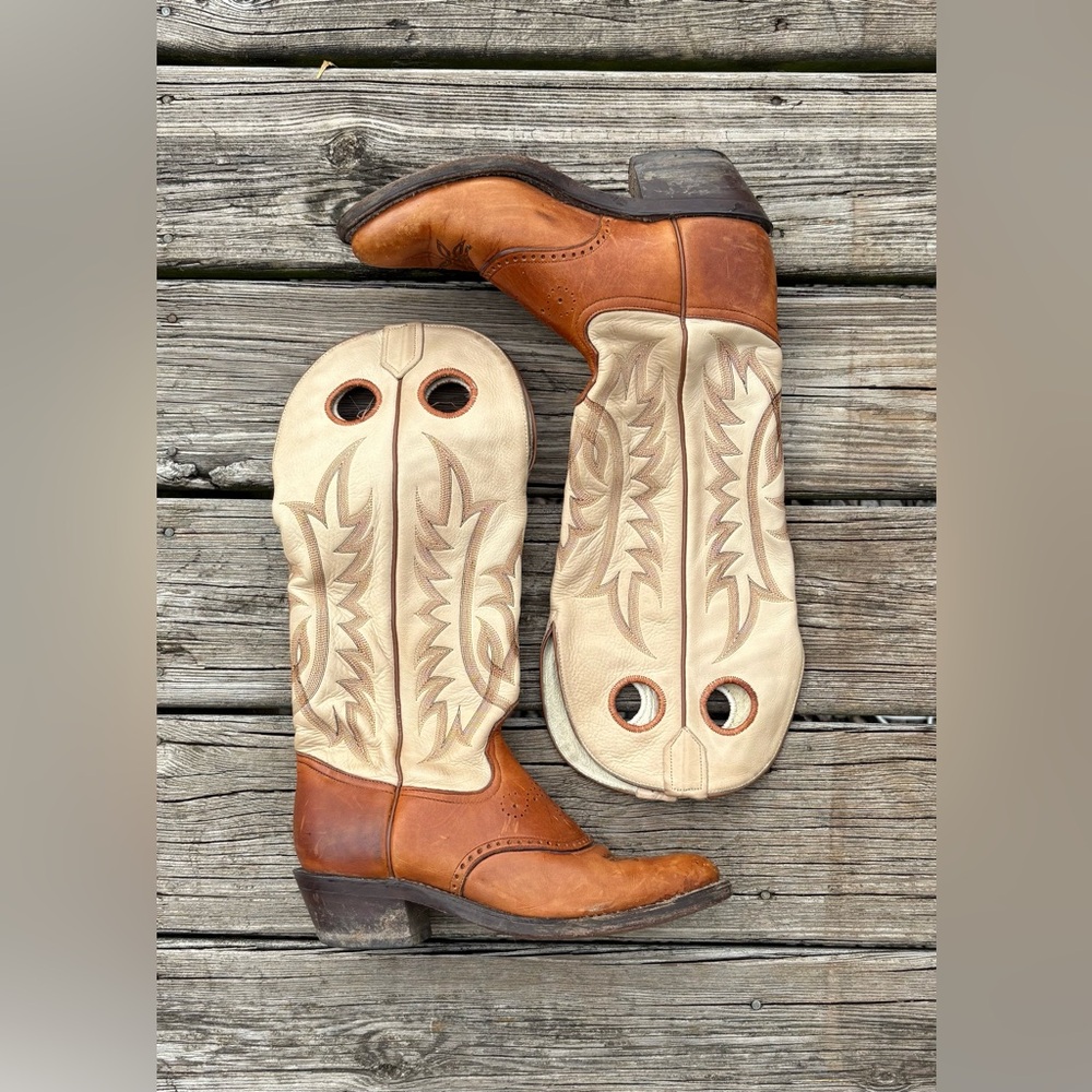 Vintage Tony Lama Buckaroo Cream and Brown Tall Cowboy Boots | Size 7.5M